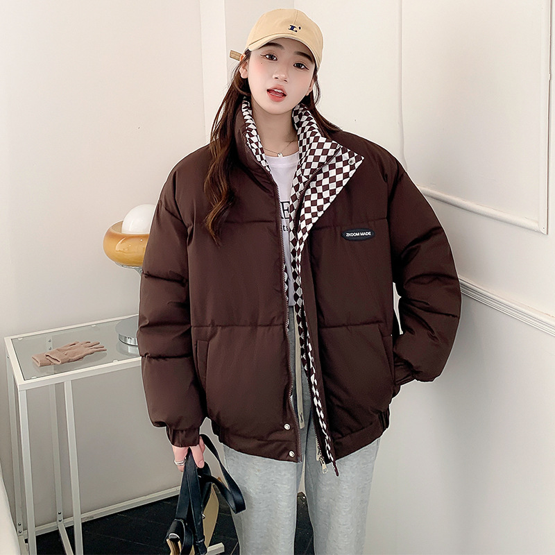 冬装新款韩版大码加厚面包服棉服女羽绒棉服学生立领短款外套 咖啡色 XL【140-155斤】