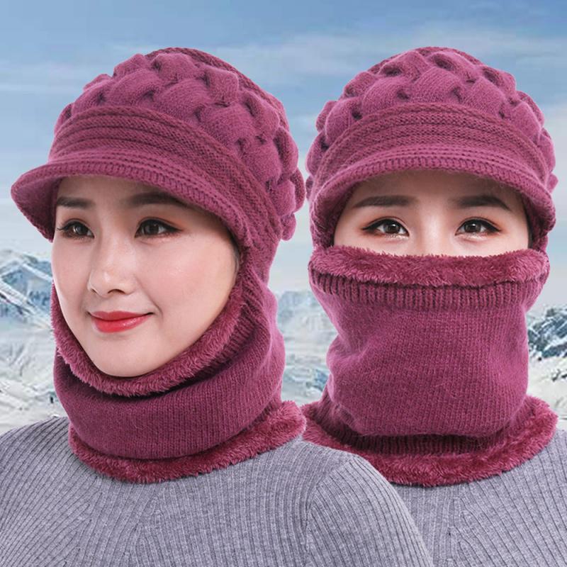 女帽冬帽女棉帽帽子女冬季中老年人防寒保暖毛线帽加绒加厚围脖一体
