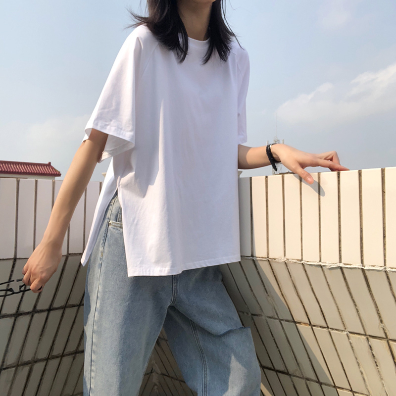 枫述夏季韩版大码纯棉白色开衩短袖t恤女宽松时尚侧开叉半袖体桖上衣y
