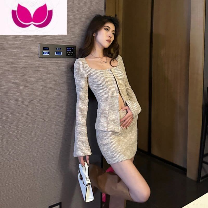 七斓高级感纯欲针织衫女抓毛上衣辣妹时尚气质包臀短裙套装图片