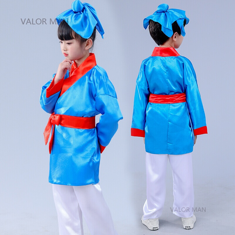 儿童书童表演服装男童古装汉服演出服幼儿女童国学古装书童三字经头饰上衣腰带裤子(送纸质书简)男女同款