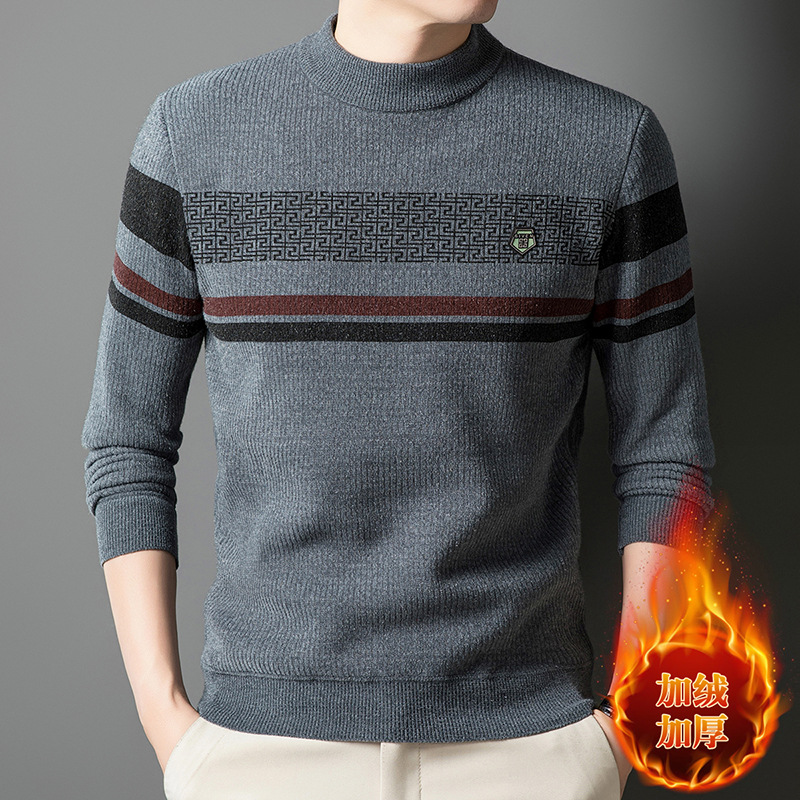 冬季男士加绒加厚针织毛衣半高领休闲保暖条纹中年男士打底针织衫_32高清大图