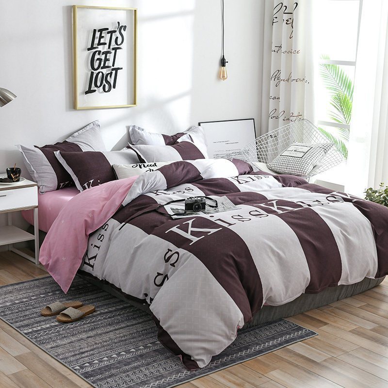 北欧风格床上四件套床单个性潮流被套0.9学生宿舍三件套六件套_1_873 0.9宿舍6件套（三件套+4斤被芯*1+枕芯*1+床垫*1） kiss酒红