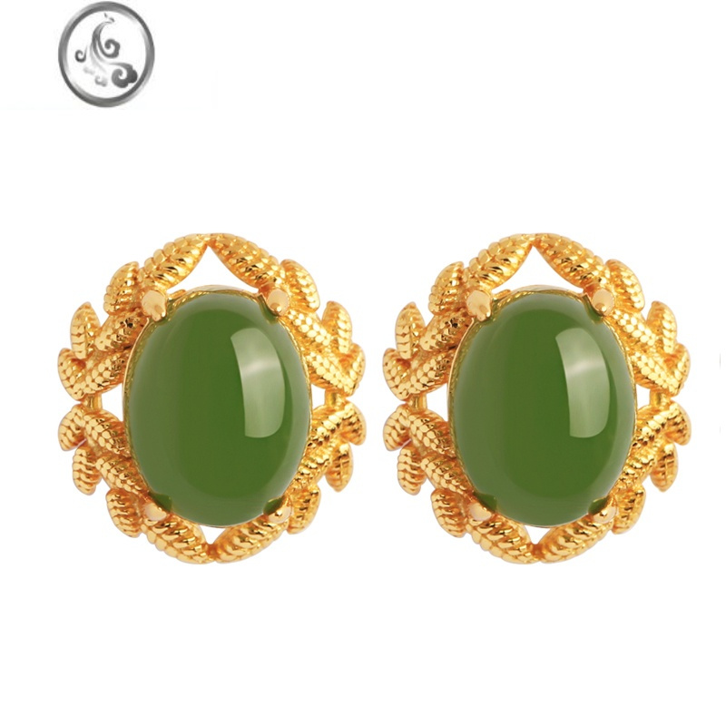 jimi和田玉碧玉橄榄枝银银包金耳钉女高级感轻奢玉石耳饰耳环