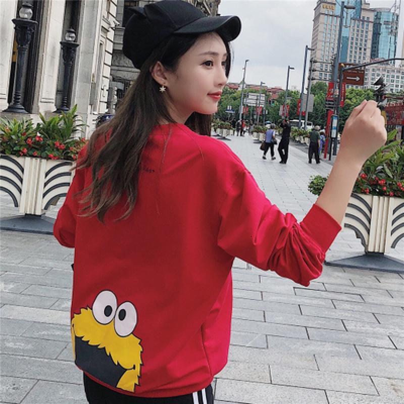 韩版外穿秋衣ins红色T恤女上衣秋装2018新款卫衣女连帽春秋情侣装