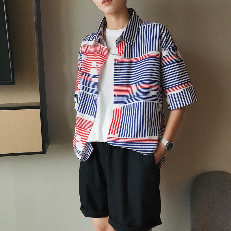 夏款文艺小清新港风宽松短袖衬衫韩版时尚日系复古男士条纹寸衣服