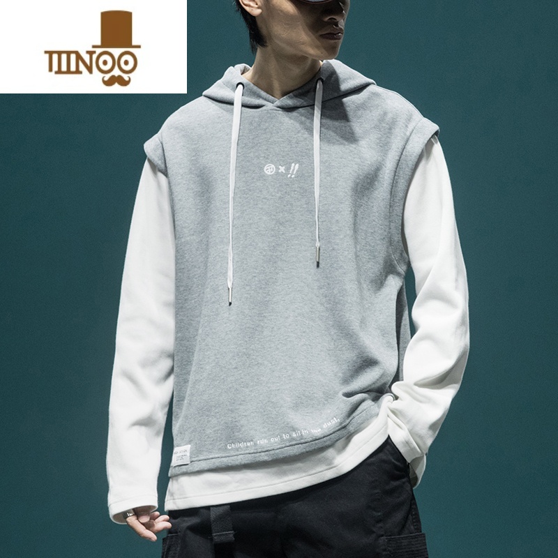 YANXU假连帽卫衣男秋季潮牌宽松大码外套复古休闲百搭长袖男装高清大图