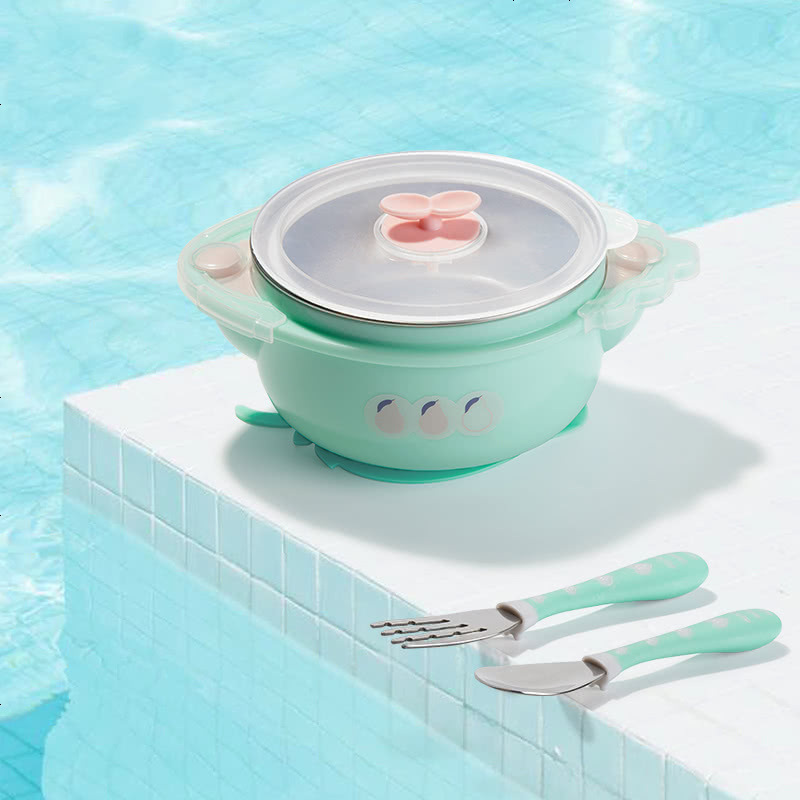 babycare儿童餐具 宝宝餐具注水保温碗套装 宝宝训练套装餐具不锈钢便携 草莓款 薄荷绿3件套