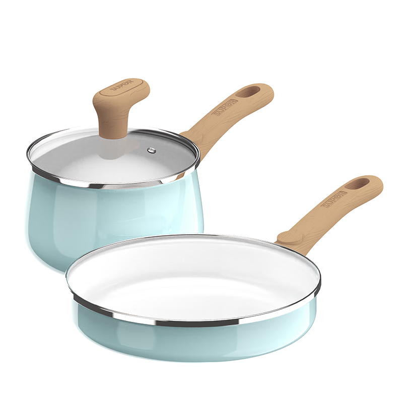 苏泊尔悦享轻珐琅两件套汤奶锅煎锅VTP2215T高效导热均匀受热耐用材质易清洁省时省力