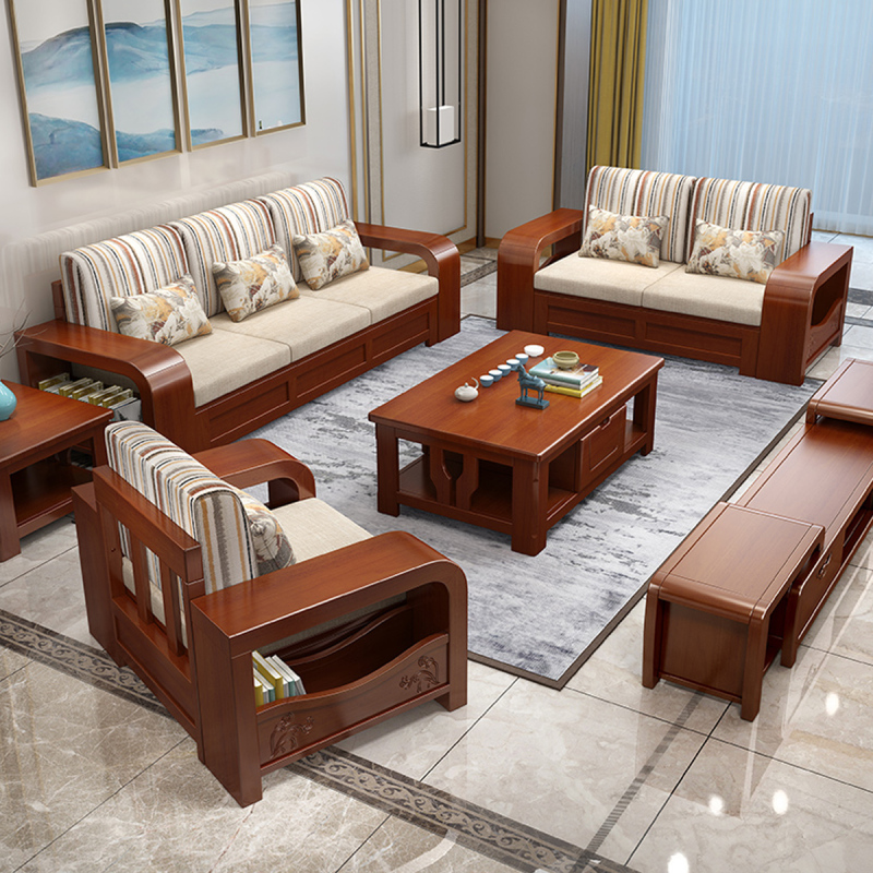 采百木caibaimu实木沙发现代新中式大小户型客厅家具转角储物布沙发