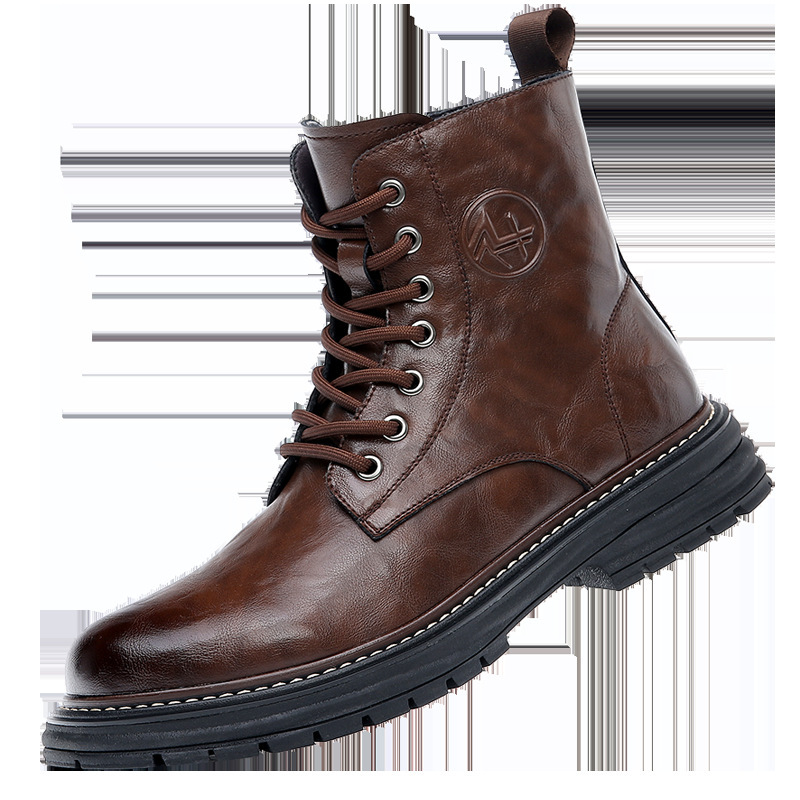 秋冬2024新款马丁靴男真皮高帮潮流厚底工装鞋复古英伦加绒男靴子