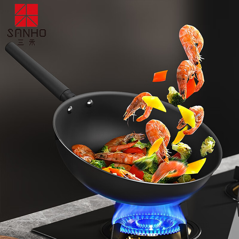 三禾(SANHO) 微纳无涂层不粘炒锅 30CM LC30S1 黑色高清大图