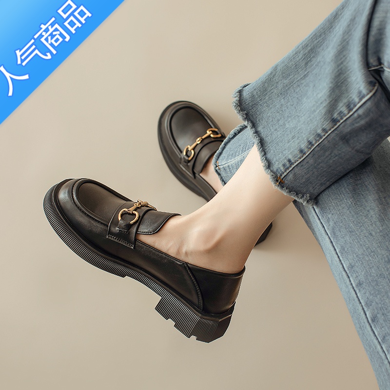 SUNTEK厚底乐福鞋女2023新款夏季粗跟白色英伦小皮鞋一脚蹬软皮浅口单鞋高清大图