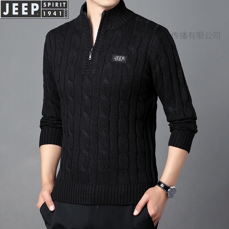 JEEP SPIRIT毛衣冬季新款半拉链加绒加厚保暖针织毛衣男高清大图