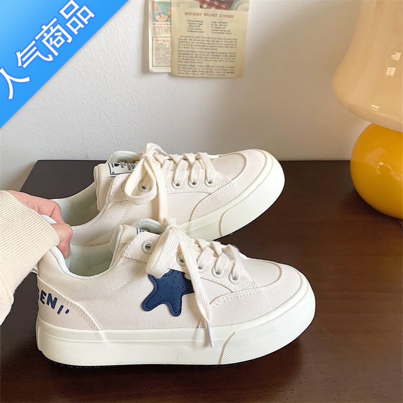 SUNTEK小众复古星星小白鞋女学生2023夏季新款ins潮百搭休闲厚底帆布鞋高清大图