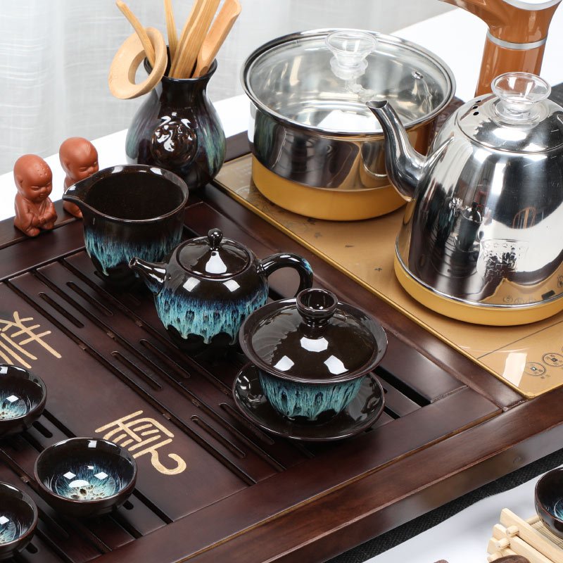 苏氏陶瓷茶具套装 柯木实木茶盘茶壶茶杯上水式自动烧水壶整套 祥龙仿宋汝窑套组