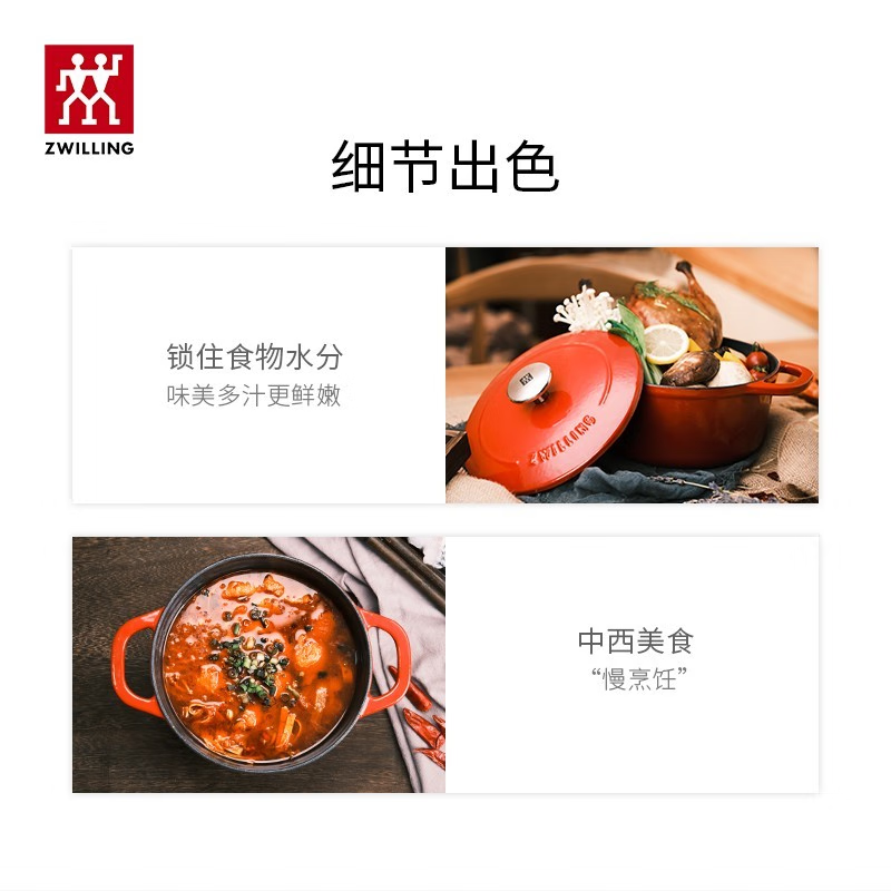 双立人(ZWILLING)珐琅锅汤锅炖锅铸铁锅双耳煲汤锅平底锅烹饪锅具电磁炉燃气通用 红色 20cm