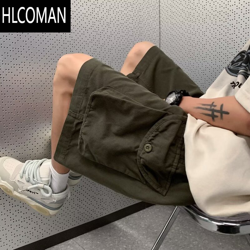 HLCOMAN多口袋工装短裤男生休闲复古潮流直筒中裤机能阔腿哈伦五分裤