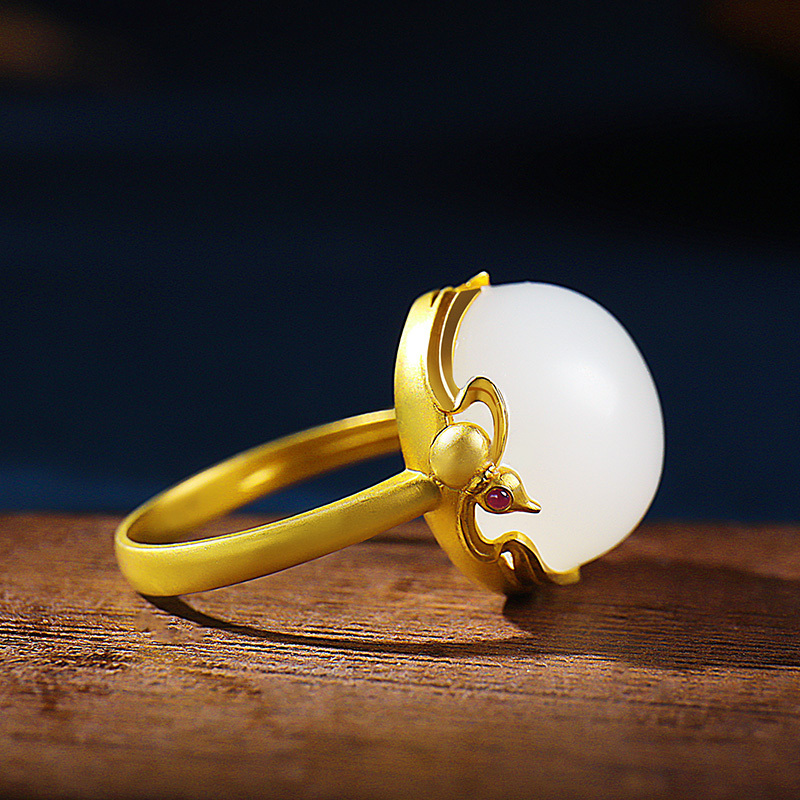 古法传承系列18k金镶和田玉戒指金葫芦镶白玉圆形蛋面女款孤品玉石