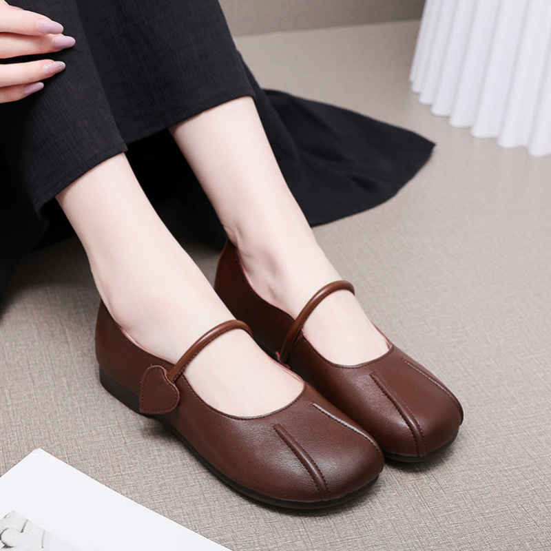 头层牛皮文艺复古休闲舒适女单鞋纯色时尚牛筋底软底皮鞋