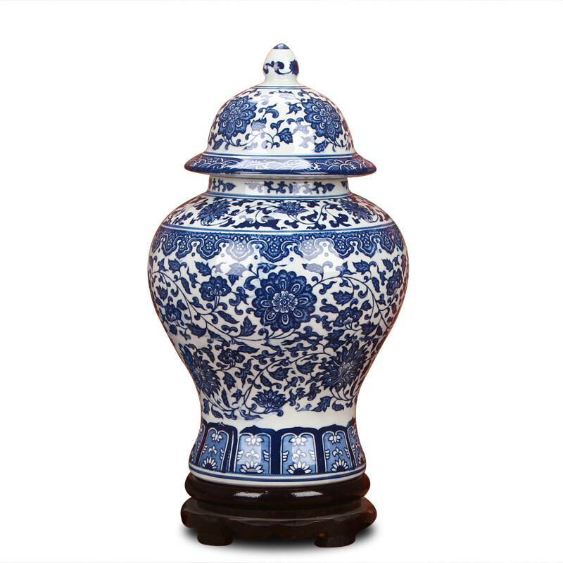 景德镇陶瓷器仿古青花瓷缠枝花卉大将军罐现代家居工艺摆件装饰