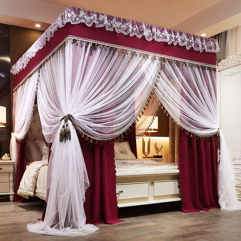蚊帐家用床帘一体式遮光欧式带支架加密加厚宫廷落地床幔防尘顶布