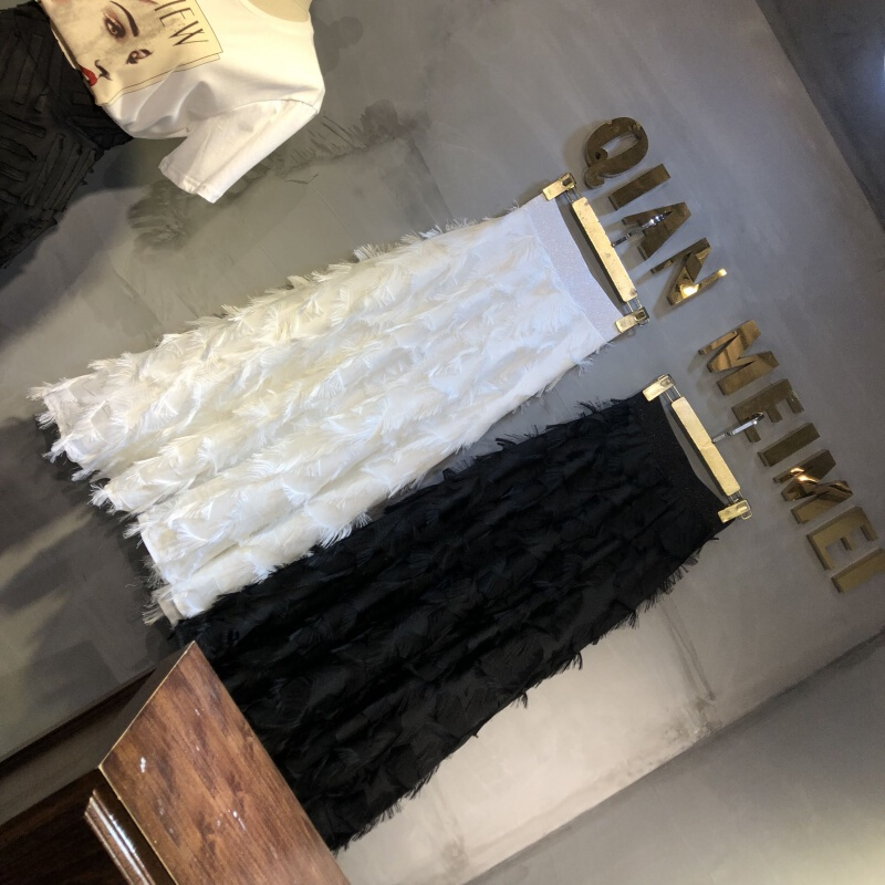 实拍羽毛星星图案流苏高腰松紧腰显瘦大码长裙半身裙女2018新款