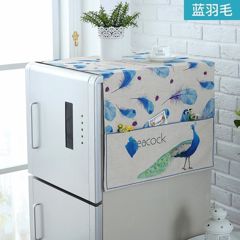 家用冰箱盖布滚筒洗衣机罩防尘布冰箱罩布艺盖巾单双开简约现代 蓝羽毛 单门冰箱巾/洗衣机盖巾130*58_313