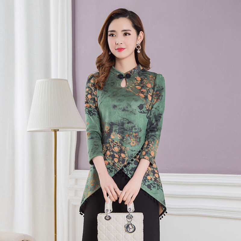 印花衫女2018春款复古改良式旗袍小衫中国风妈妈装唐装打底衫上衣