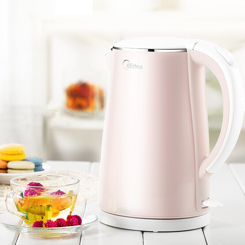 美的(Midea)电水壶 304不锈钢电热水壶 1.7L容量开水壶双层防烫烧水壶 MK-HJ1705 裸粉色