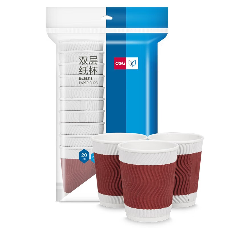得力(deli) 19213双层纸杯(228ml)(木浆纸)(红色)(20只/袋)*5袋装高清大图