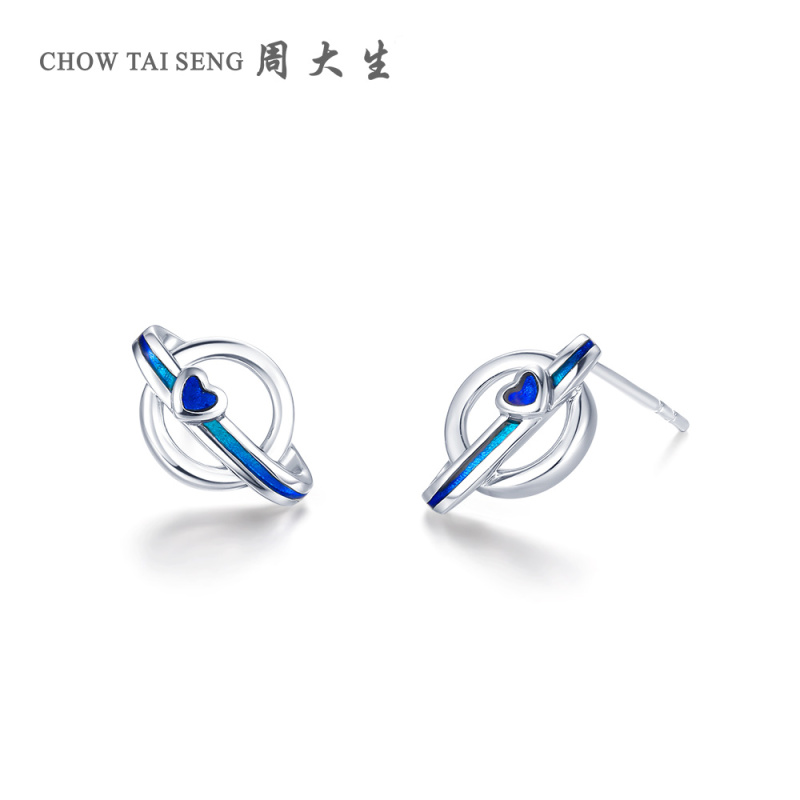 周大生Pt950铂金耳饰女浪漫爱心星球系列新品蓝色珐琅耳钉