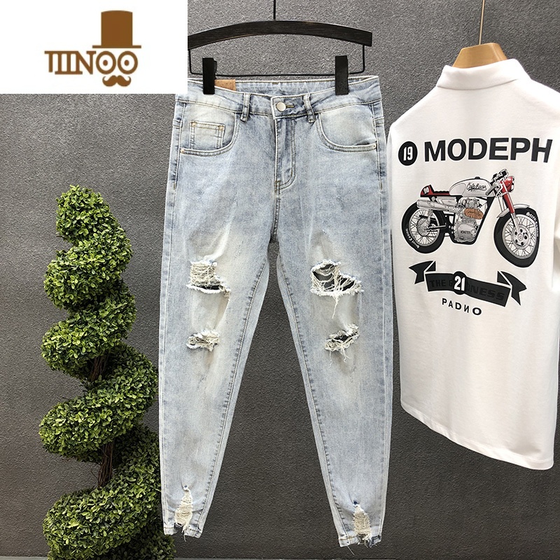 YANXU2022年夏季新款破洞九分裤男款潮牌牛仔裤修身束脚裤男士浅色裤A 31 浅蓝色