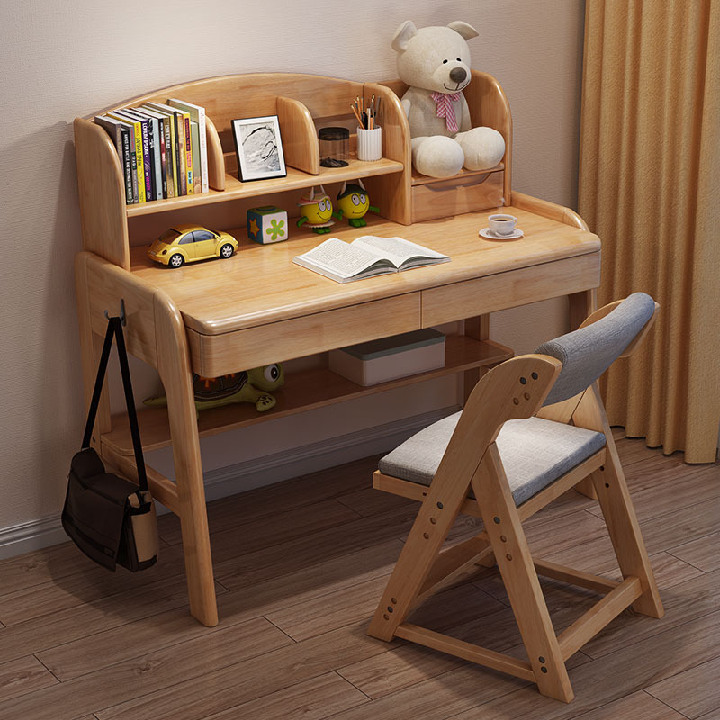 唐臻升降实木书桌书架组合调节高度学习桌简约家用中小写字桌