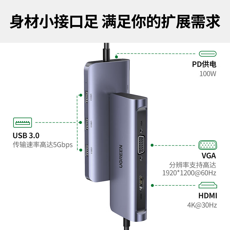 绿联 扩展坞 Type-C转HDMI/VGA转换器USB-C转接头分线器拓展坞六合一50319高清大图