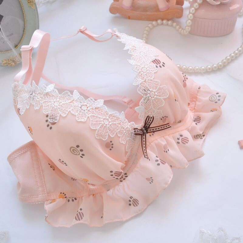 娜bomina日系雪纺刺绣甜美清新可爱深v有钢圈薄罩杯少女内衣文胸套装