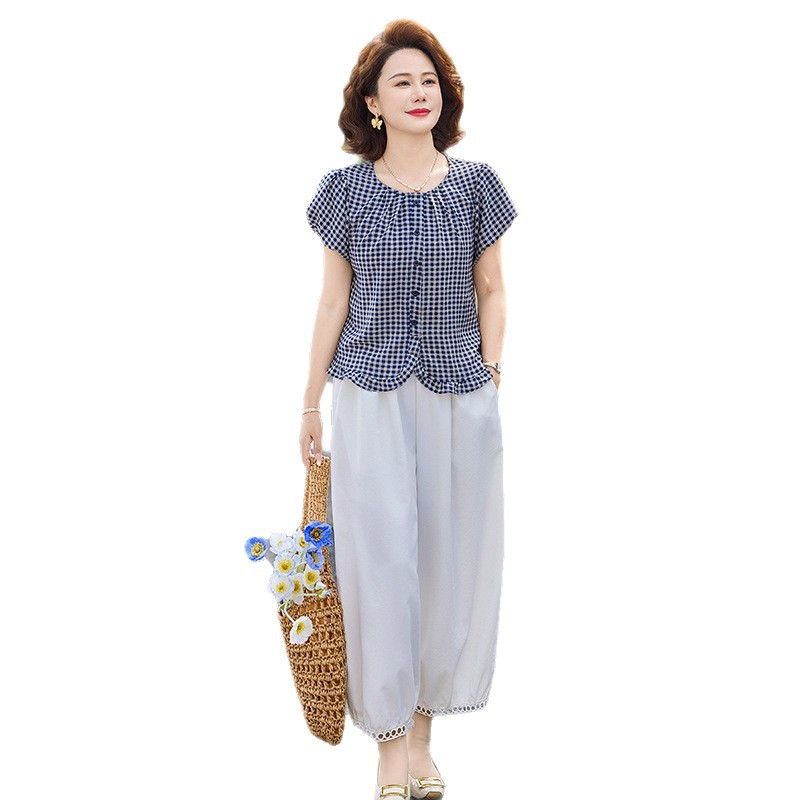 纤孜雅 妈妈夏装格子短袖衬衫阔腿裤两件套中老年时尚减龄套装女新款高清大图