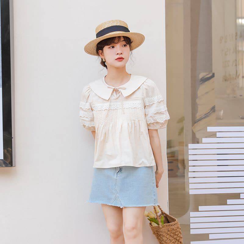 2022夏季新款韩版重工打褶花边衬衫娃娃衫上衣女图片