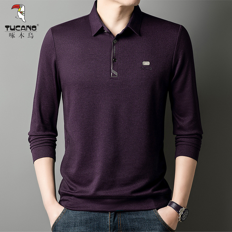 啄木鸟2025春季新款中年爸爸时尚商务休闲长袖打底上衣男士Polo衫高清大图