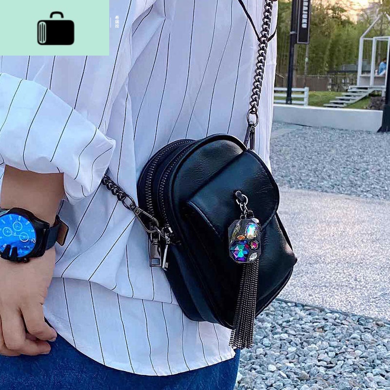 装手机的小挎包女竖型2020铆钉流苏竖款链条零钱包斜挎迷你小包包NEWLAKE 彩钻双拉链款（黑色）