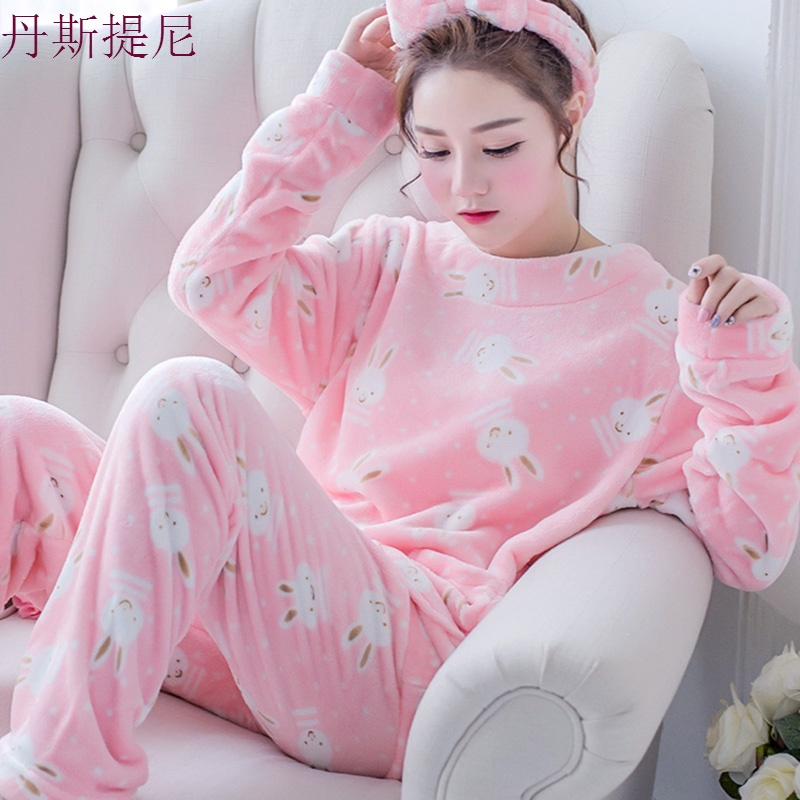 珊瑚绒睡衣女冬季春秋加厚加绒法兰绒套头套装韩版可爱家居服大码