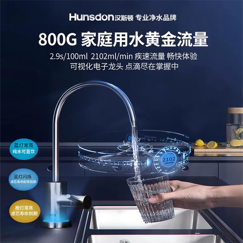 汉斯顿/Hunsdon净水器家用直饮自来水过滤厨房净化反渗透ro净水机800G大通量白露2L/min直饮出水高清大图