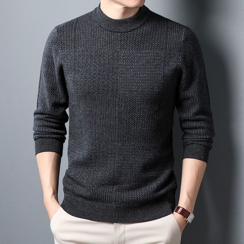 恒源祥秋冬新款男士纯羊毛衫商务休闲压花纯色圆领打底针织毛衣保暖