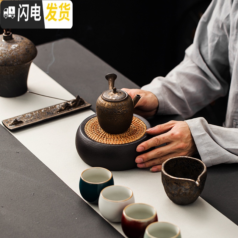 三维工匠日式粗陶手工储水壶承茶盘壶托功夫茶具干泡茶台藤编养壶茶道配件 禅吾粗陶藤编壶承褐(圆)高清大图