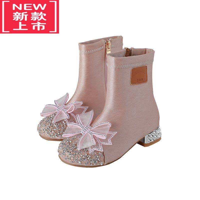 可莉允女童靴子高跟水晶鞋公主靴时装2022秋冬款中大童皮靴加绒儿童短靴图片
