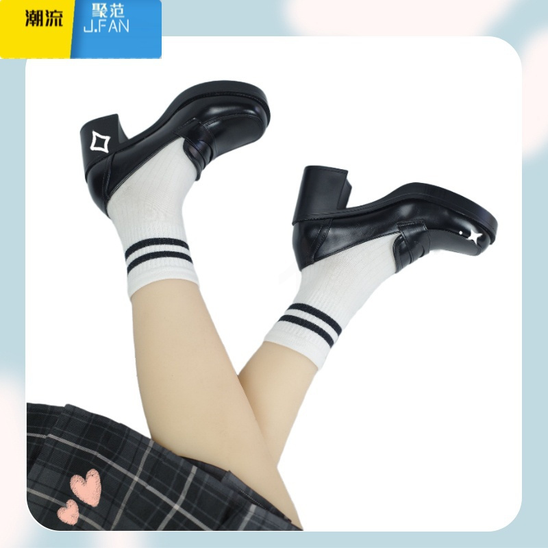 聚范V1802高跟圆头学生制服鞋JK学院风COS表演鞋女单鞋擦色日常中口