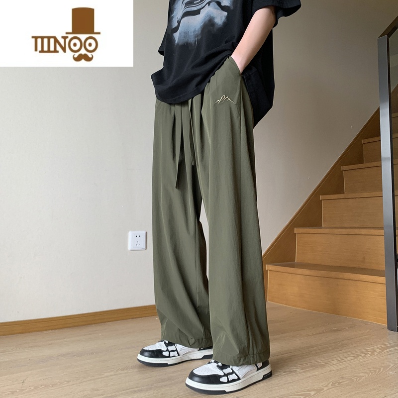 YANXU冰丝裤子男夏季薄款潮牌刺绣宽松大码阔腿直筒抽绳束脚休Y码阔丝高清大图