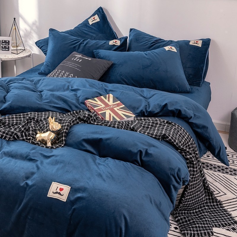 美帮汇床上四件套毛绒 双面绒冬天被套个性男士床单加绒保暖金丝绒 不带边宝蓝 床笠款：1.5床四件套【被套适配200*230被芯】
