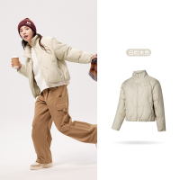 361°羽绒服女冬季女士立领加厚保暖短款羽绒服宽松运动外套女 3XL 白松木色