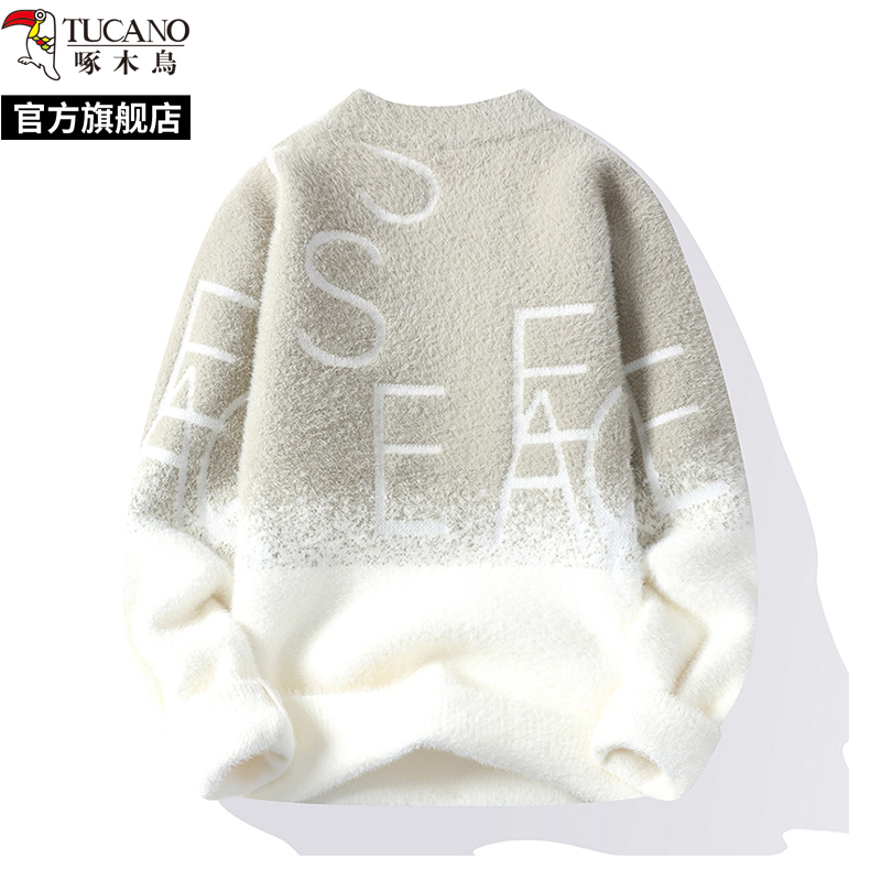 啄木鸟春秋冬季新款半高领套头渐变毛衣男一体加绒线衣针织衫外半高清大图